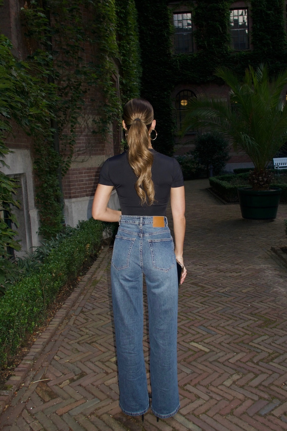 Dark washed straight leg jeans women