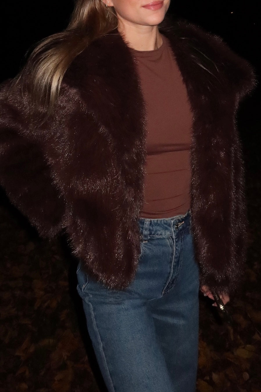 Faux fur coat choco brown women