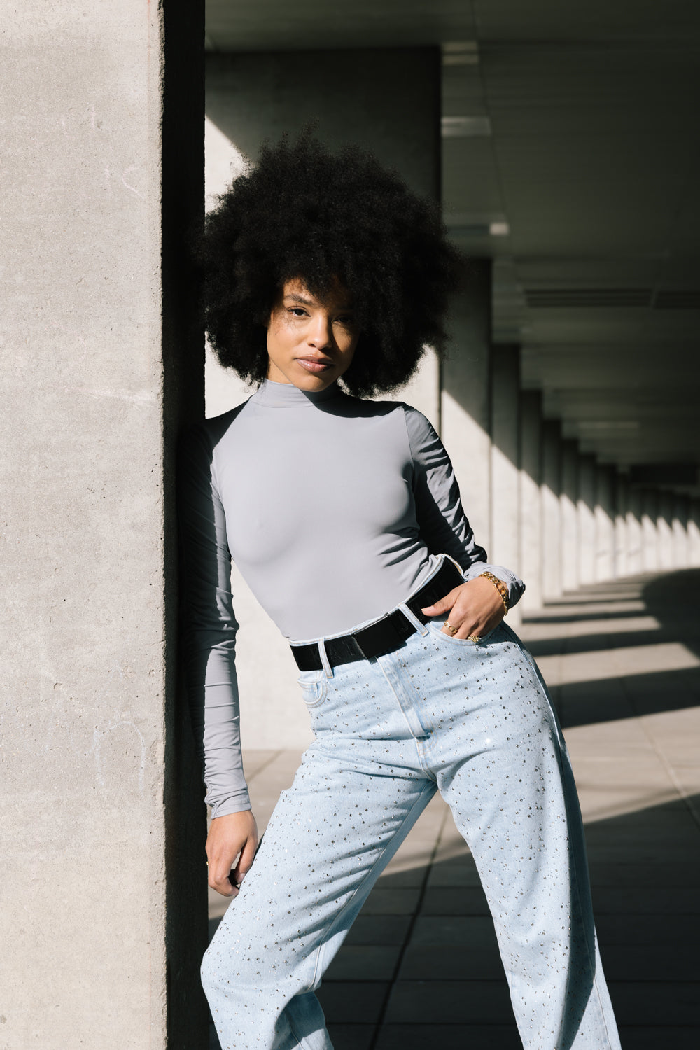 Gathered longsleeve body blue gray women