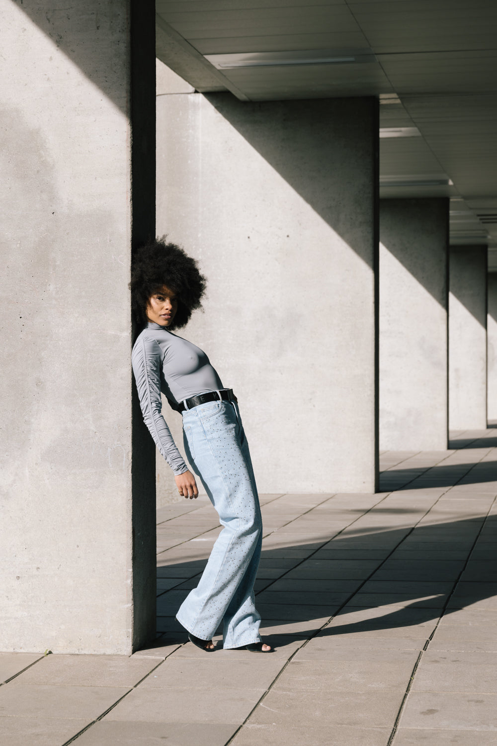 Gathered longsleeve body blue gray women