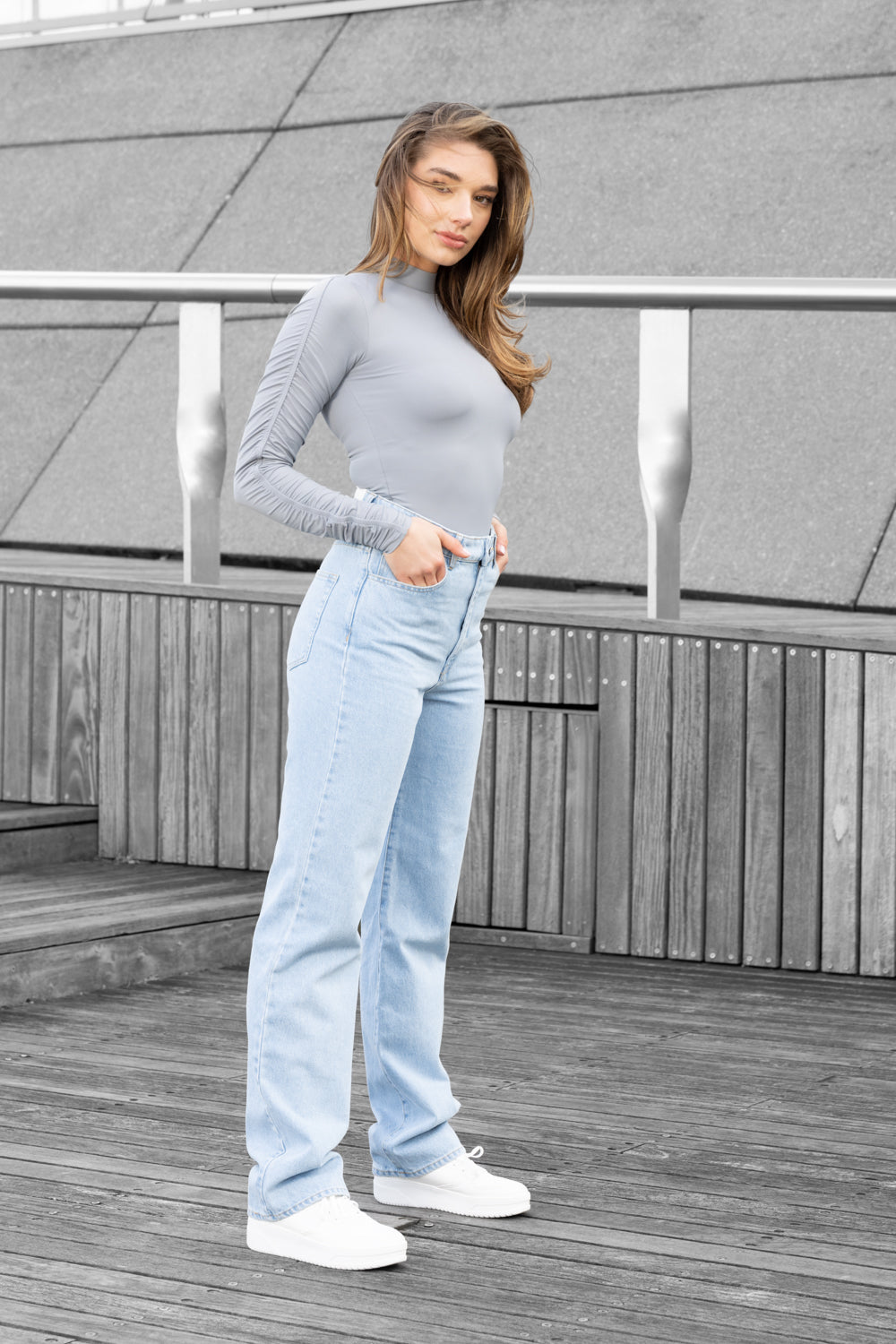 Gathered longsleeve body blue gray women