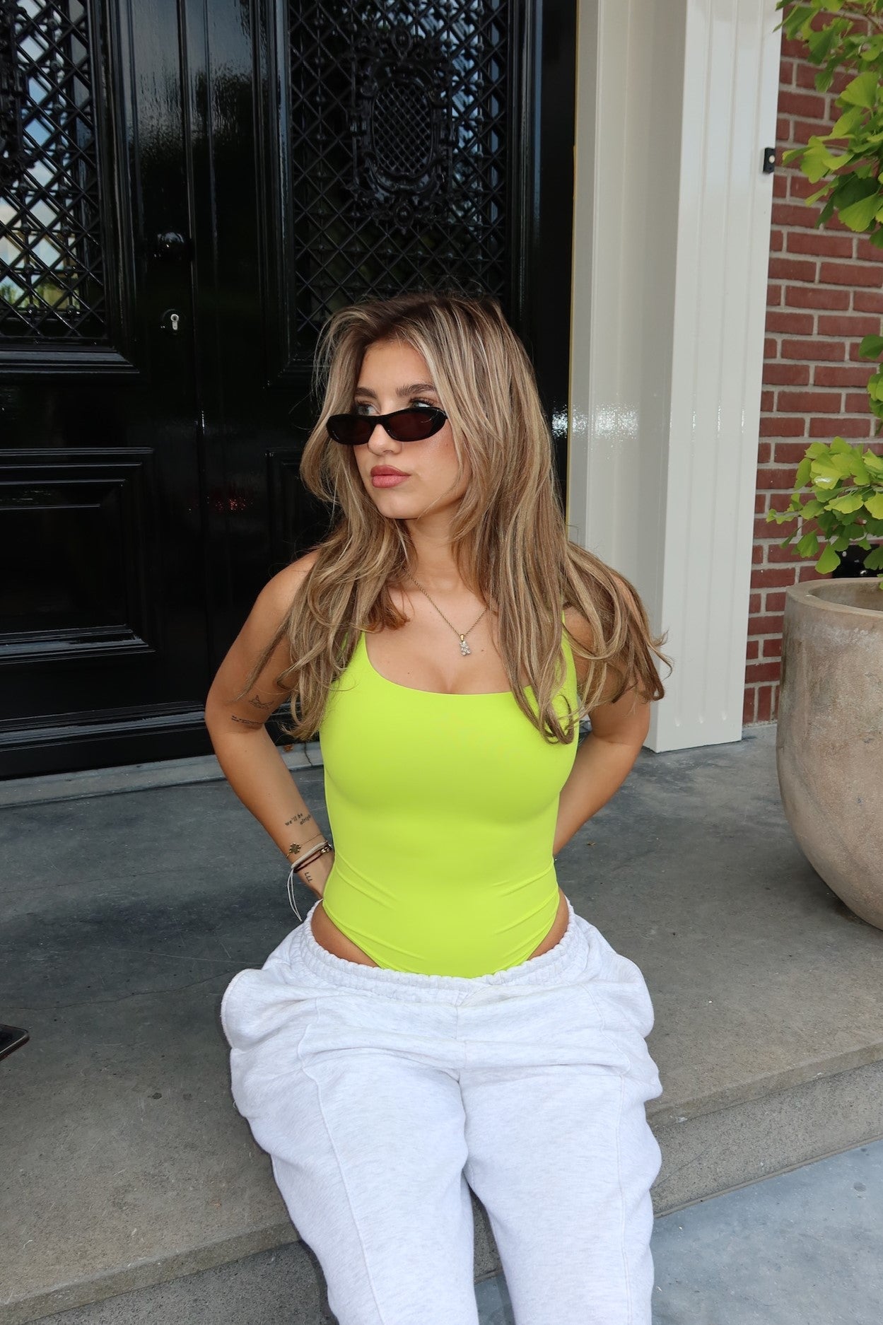 Sleeveless square neck body lime green women