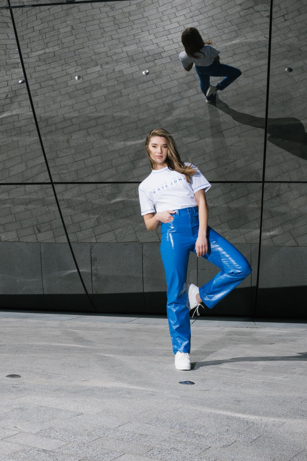 THE VINYL STRAIGHT LEG PANTS COBALT women — KATE JUNE