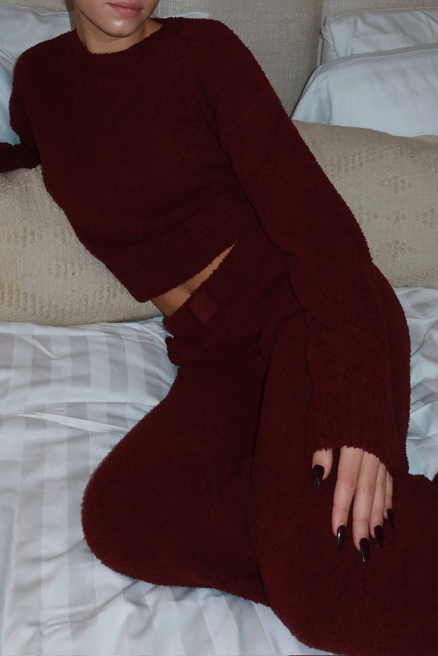 fluffy lounge co-ord burgundy women