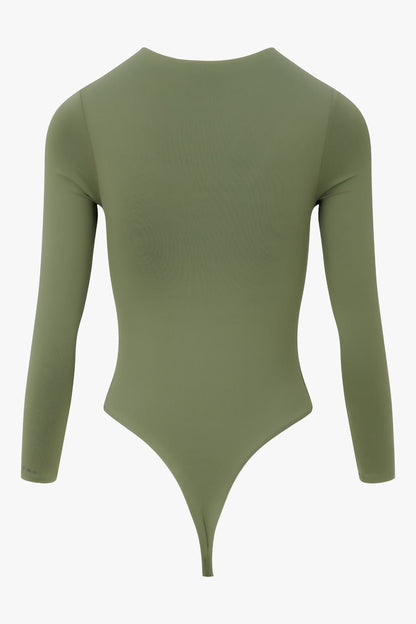 THE ROUND NECK BODY ARMY GREEN women back view — KATE JUNE
