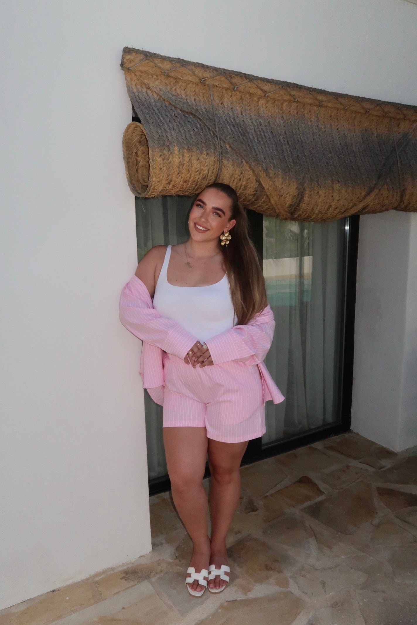 THE STRIPED BEACH SHORTS PINK front view women — KATE JUNE