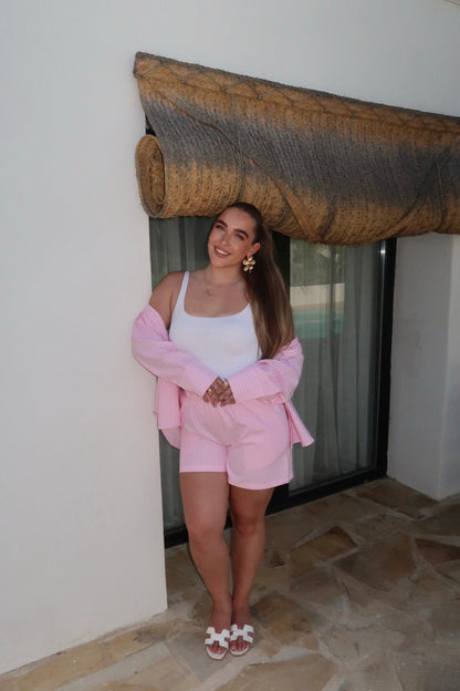 THE STRIPED BEACH SHORTS PINK front view women — KATE JUNE