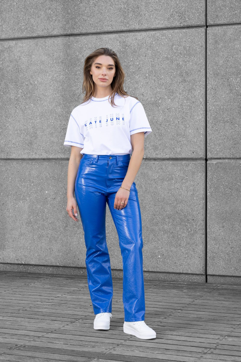 THE VINYL STRAIGHT LEG PANTS COBALT women — KATE JUNE